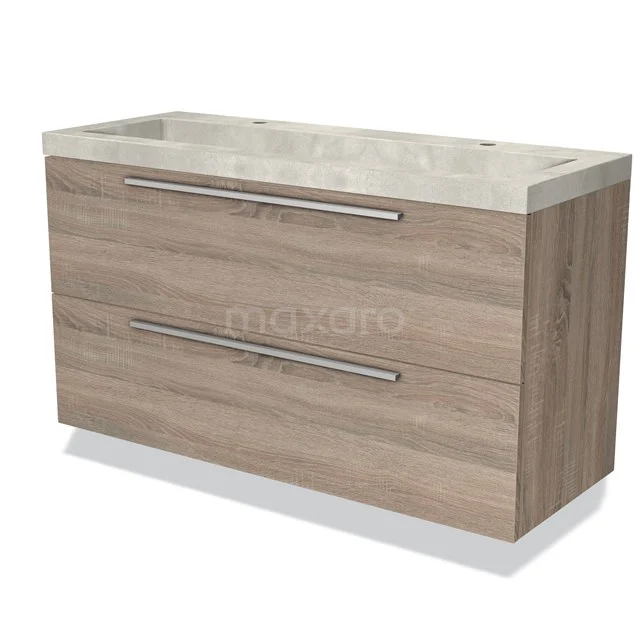 Houten badkamermeubel met keramische wastafel, twee lades en modern design, ideaal voor stijlvolle en praktische badkameropslag.