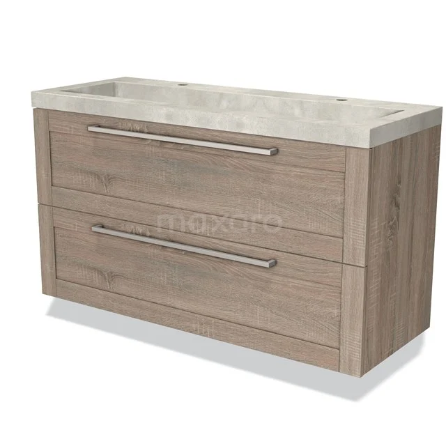 Houten badkamermeubel met twee lades, betonlook wastafel en metalen handgrepen; stijlvolle opbergoplossing voor moderne badkamers.