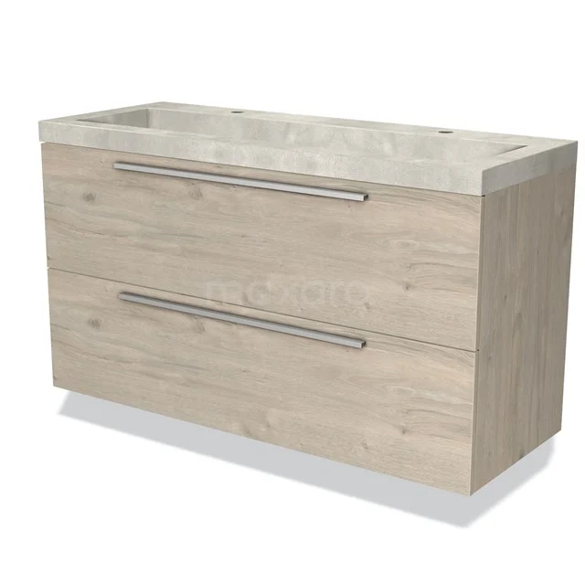 Houten badkamermeubel met twee lades, licht eiken kleur, modern design en een stenen wastafelblad, geschikt voor een strakke badkamer.