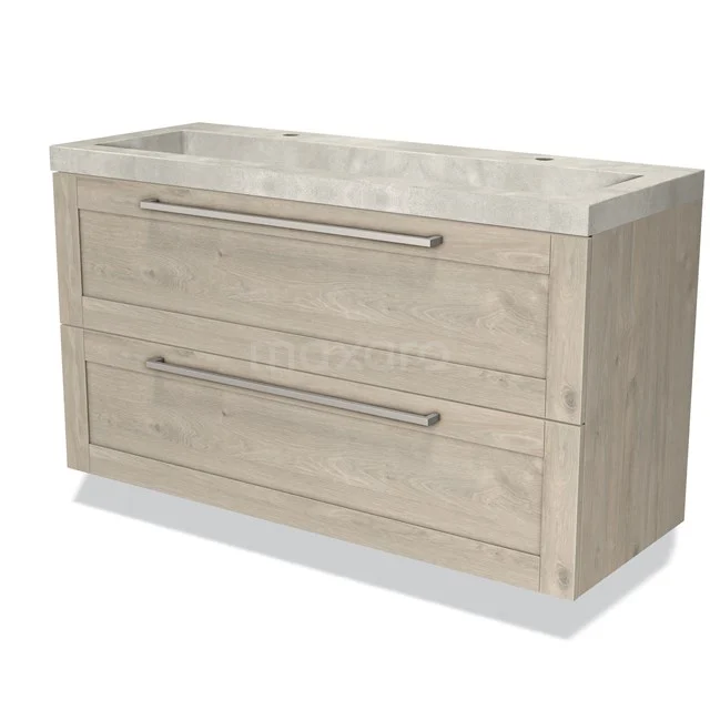 Badmöbel 120cm Modulo hellgraue Eiche 2 Schubladen Rahmen Waschbecken Beton Greige BMW17-02561 Holz Badezimmermöbel mit zwei Schubladen, heller Eiche-Finish und einem eingebauten Waschbecken; stilvoll und funktional für jedes Badezimmer.