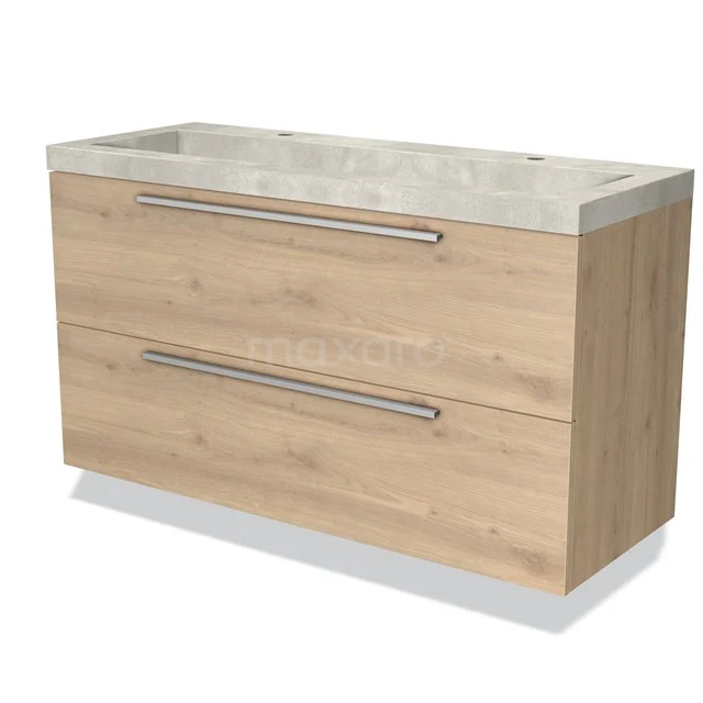 Houten badkamermeubel met twee lades en een stijlvolle steen-look wastafel, ideaal voor een moderne badkamerstijl.
