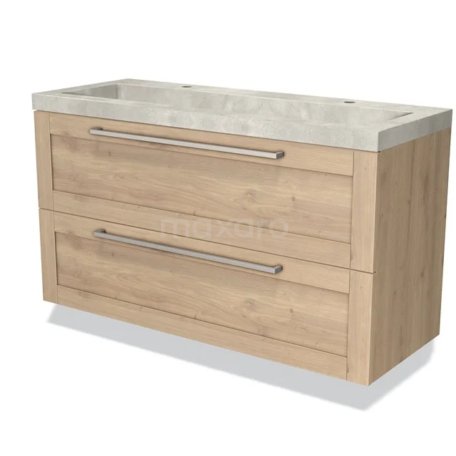 Houten badkamermeubel met twee lades, licht eiken afwerking en marmeren wastafel; stijlvol en praktisch voor elke badkamer.