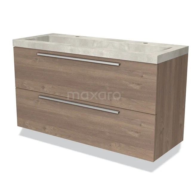 Houten badkamermeubel met dubbele lades en een marmeren wastafel, ideaal voor stijlvol opbergen in de moderne badkamer.