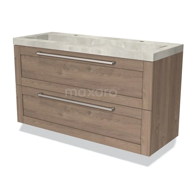 Eikenhouten badkamermeubel met twee lades en natuurstenen wastafel; stijlvolle opbergruimte voor moderne badkamers.