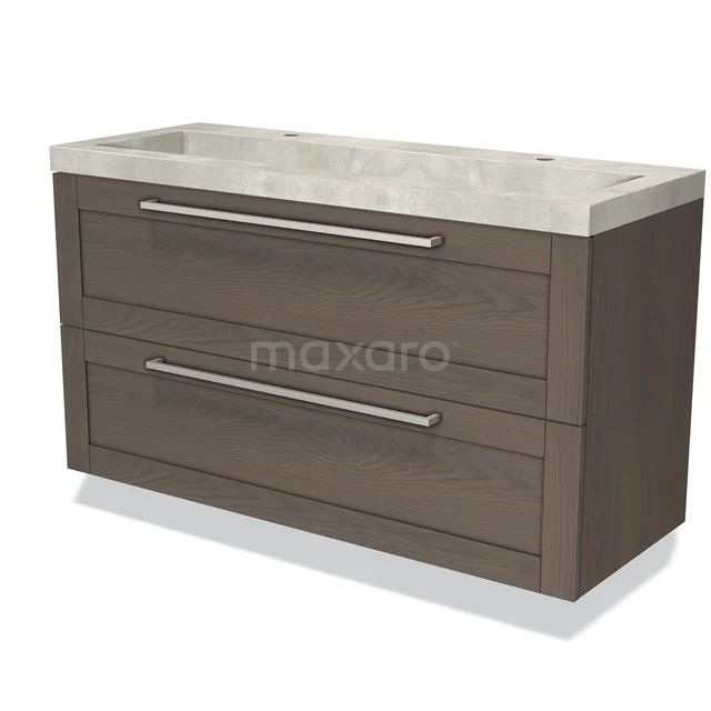 Wooden bathroom unit with double drawers and natural stone basin, ideal for a stylish and functional bathroom design.