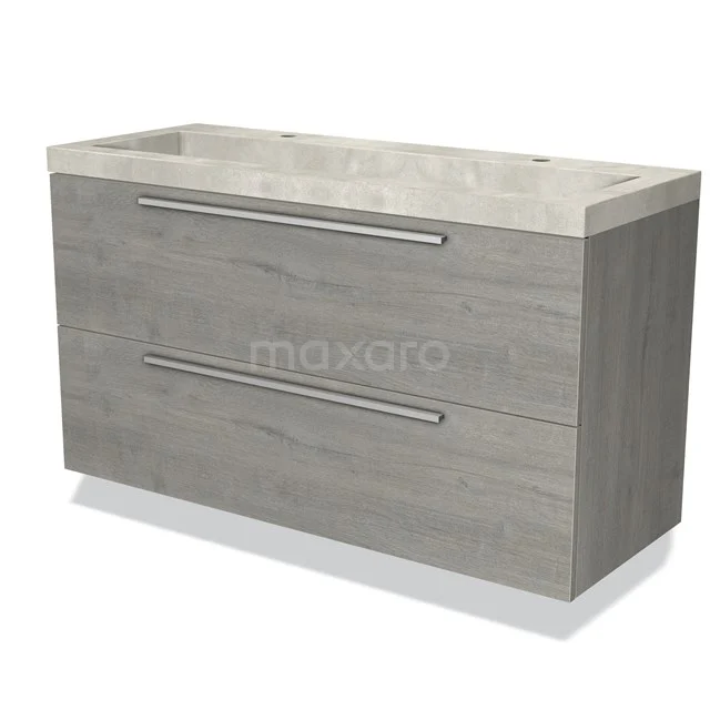 Grijze houten badkamermeubel met twee lades en keramische wasbak, ideaal voor moderne badkameropstellingen.
