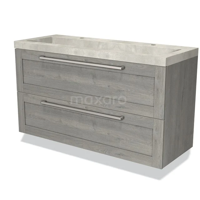 Grijze houten badkamerkast met twee lades, metalen handgrepen en een licht stenen wastafelblad, ideaal voor moderne badkamers.