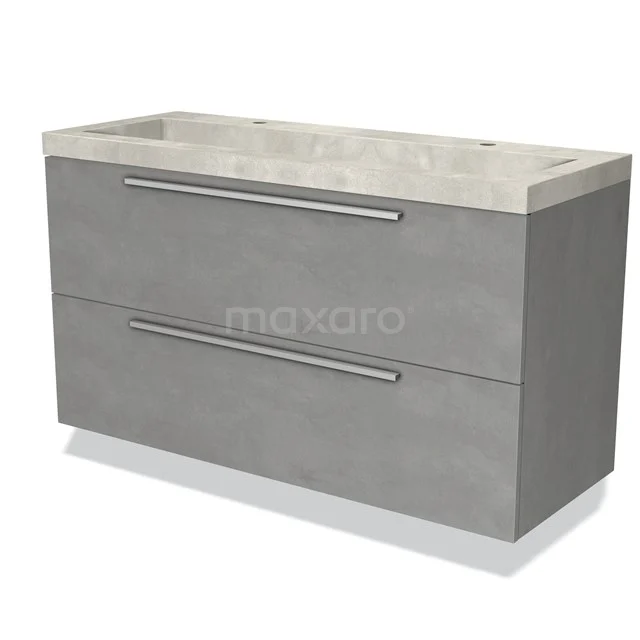 Grijze badkamermeubelset met betonlook, dubbele lades en natuursteen wastafel; modern design voor functionele badkamers.
