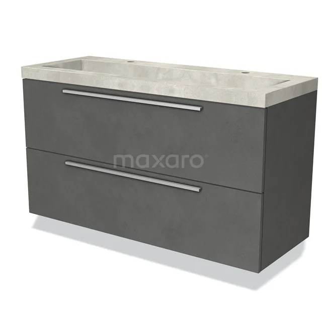 Grijze badkamermeubelset met dubbele lades en een marmeren wastafel, modern ontwerp ideaal voor stijlvolle badkamers.