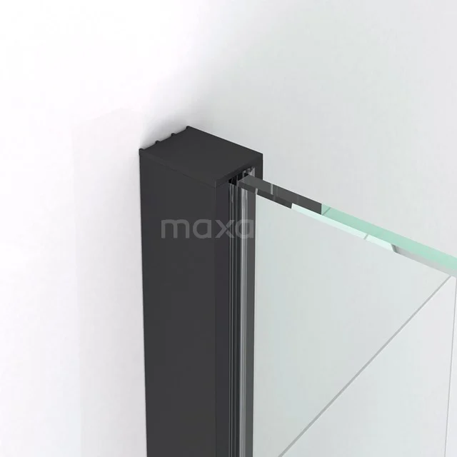 Schwarzes Aluminium Duschwandprofil mit klarem Glaspaneel, elegantes Design für moderne Bäder.