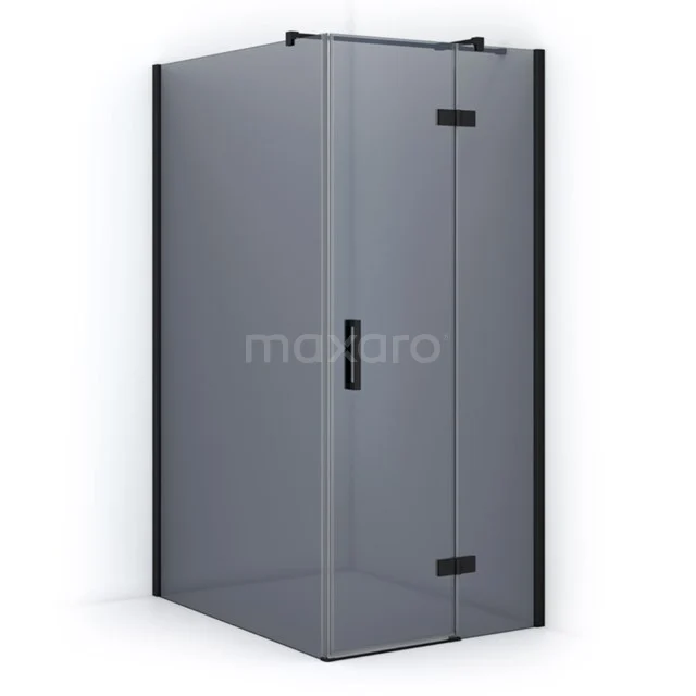 Black corner shower cabin with glass walls, minimalist design and frosted glass details, ideal for a modern bathroom style.