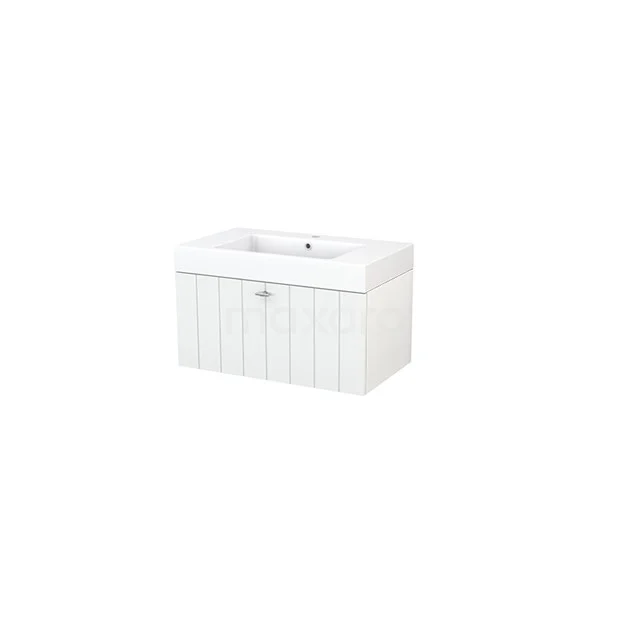 White plastic washbasin cabinet with vertical panel doors, ideal as compact storage space in the bathroom.