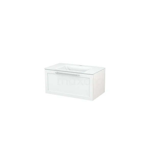 Modulo+ Bathroom furniture with sink | 80 cm High-gloss white Frame front Glass 1 drawer BMP001394 White rectangular bathroom cabinet with glossy finish and metal handle, ideal for modern bathroom storage.