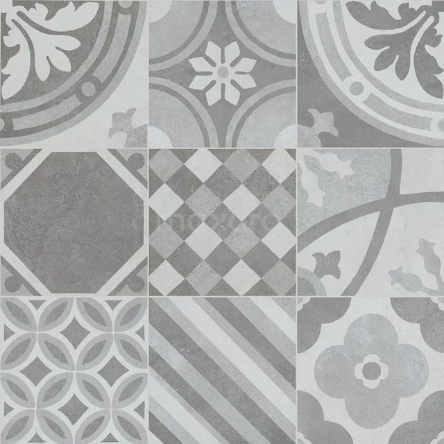 Grey ceramic bathroom tile with patchwork motif, vintage style and various patterns.