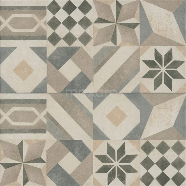 Vintage Badezimmerfliese mit geometrischem Muster in Beige- und Grautönen, ideal für einen Retro Badezimmerstil.