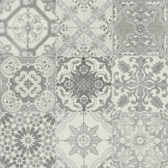 Grey ceramic wall tile with vintage patterns, ideal for stylish bathroom decoration.