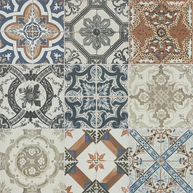 Vintage bathroom tiles with colourful ornaments, ceramic materials, ideal for a unique and stylish bathroom wall.