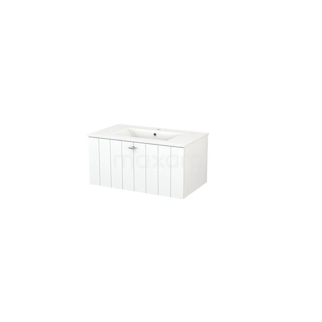 White vanity unit with built-in basin, fluted cabinet doors and modern finish, perfect for a stylish bathroom.