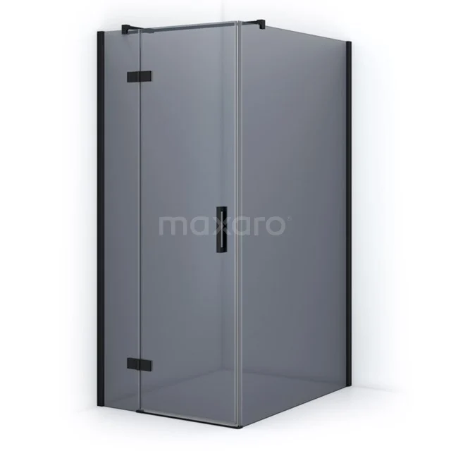 Modern black shower enclosure with frosted glass walls, minimalist design and corner step, perfect for any stylish bathroom.