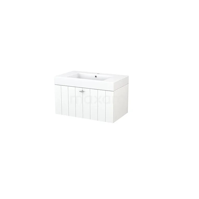 White vanity unit with integrated sink, wood-look panels and modern finish, ideal for a stylish bathroom.