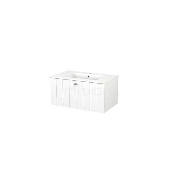 Weißes Badezimmermöbel mit Paneeltüren, kompakte Form, modernes Design; ideal für Stauraum in einem stilvollen Badezimmer.