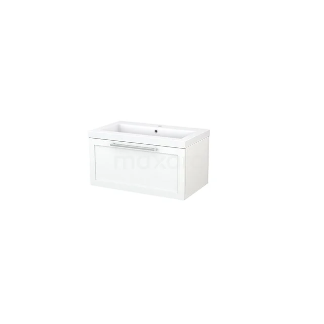 Weißes Badezimmermöbel mit keramischem Waschbecken und Soft-Close-Schublade, moderner Stil, perfekt für kompakte Bäder.