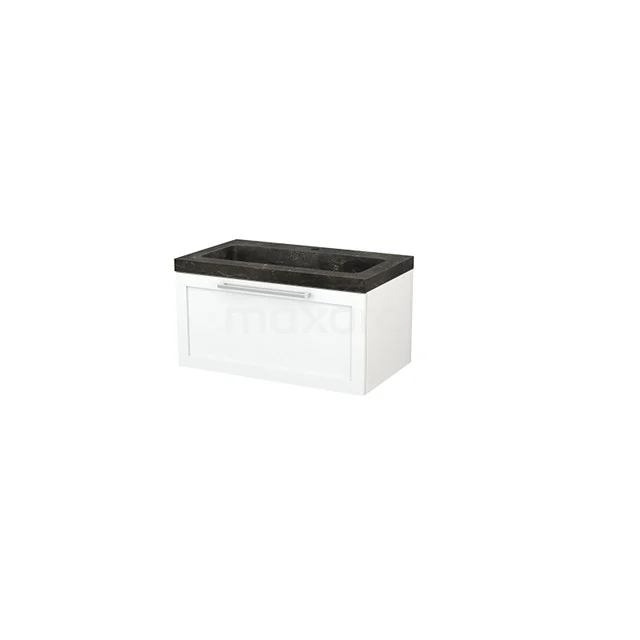 White hanging bathroom cabinet with drawers and black worktop, modern design, ideal for small bathrooms.