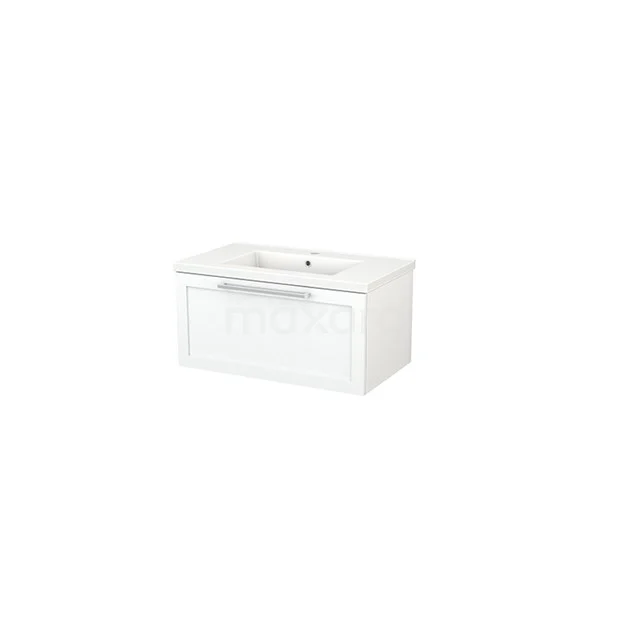 White, rectangular bathroom unit with integrated vanity unit with basin, sleek design and spacious storage drawer, ideal for modern bathrooms.