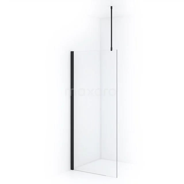 Clear glass shower screen with black profiles, ideal for a modern bathroom. Minimalist design and durable materials.