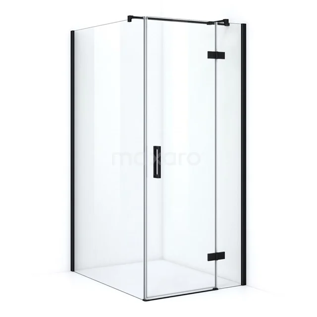 Shower enclosure with clear glass, black profile and hinged door, ideal for modern bathrooms.