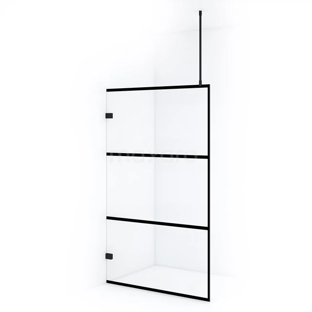 Schwarze industrielle Duschwand mit Glas und Metallrahmen, ideal für moderne Bäder.