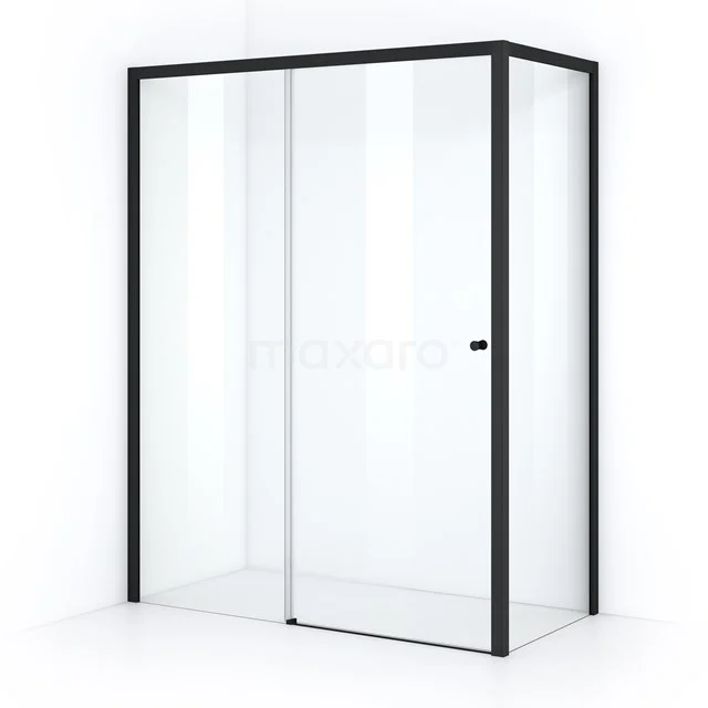 Sleek shower enclosure with matte black frame, frosted glass and sliding door, ideal for a modern bathroom style.