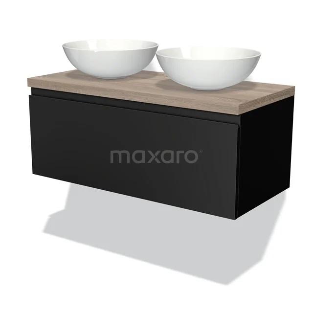 Schwarzes hängendes Badmöbel mit Holzplatte und zwei weißen Waschbecken, modernes Design für stilvolle Badezimmer Einrichtung.