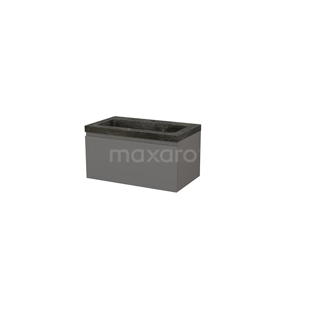 Modulo+ Bathroom furniture with sink | 80 cm Basalt Handle-less front Natural stone 1 drawer BMP001488 Grey rectangular soap dispenser made of matt plastic, ideal for modern bathroom use.