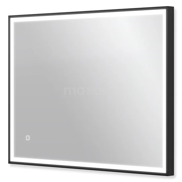 Rechteckiger Spiegel mit Schwarz Rand, eingebauter LED-Beleuchtung, ideal für moderne Badezimmergestaltung.