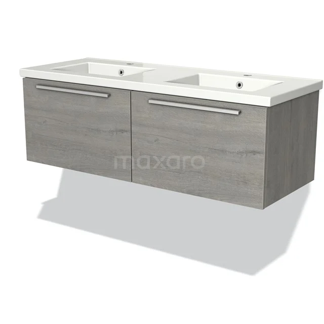 Modulo Vanity units with basin | 120 cm Grey oak Flat front Ceramic 2 Side-by-side drawers BMW12-00616 Grey double washbasin set with wood look and two white sinks, ideal for modern bathroom.