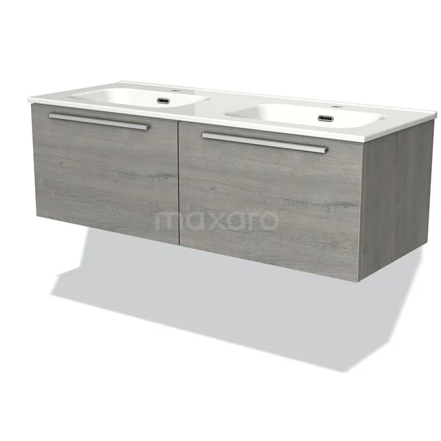 Houten badkamermeubel met dubbele wastafel en grijze afwerking, perfect voor een stijlvolle en moderne badkamer.