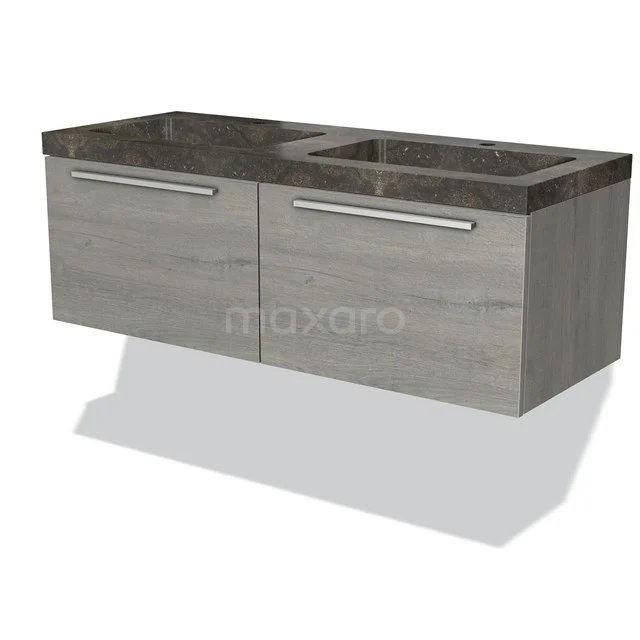 Grijze badkamermeubel met dubbele donkere marmeren wastafel, hangend design en moderne zilverkleurige handgrepen.