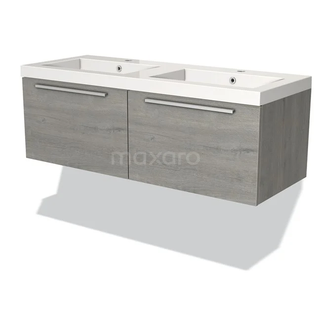 Dubbele wastafel met houten grijze onderkast, modern design, perfect voor een stijlvolle badkamer.