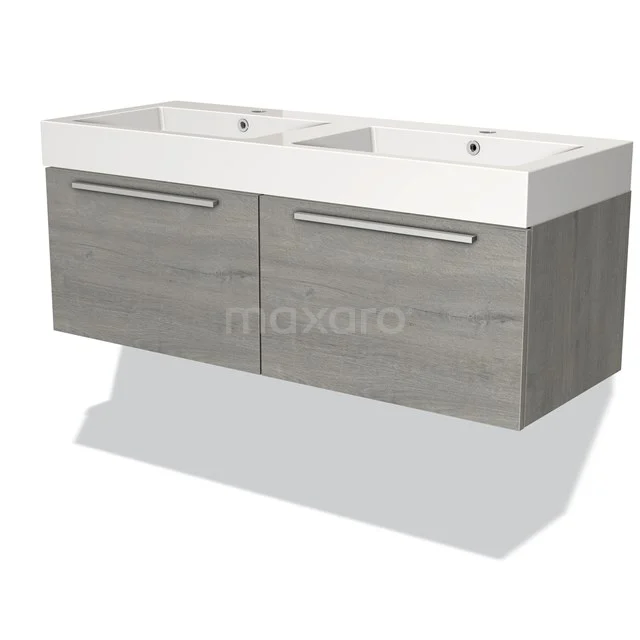 Moderne grijze badkamerkast met dubbele wastafel, houtlook afwerking en strakke metalen handgrepen voor een stijlvolle badkamer.