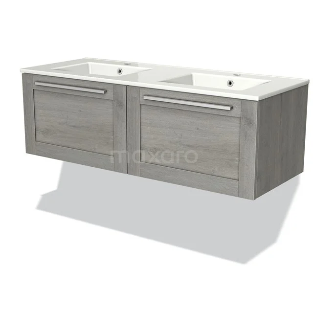 Modulo Bathroom furniture with sink | 120 cm Grey oak Bordered front Ceramic 2 Side-by-side drawers BMW12-00627 Double basin with light grey wooden finish, modern finish and spacious storage drawers, perfect for any bathroom style.