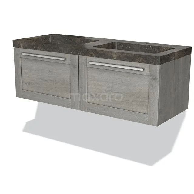 Houten badkamermeubel in grijze eikenlook met donker marmeren wastafel, modern design en dubbele opberglades.