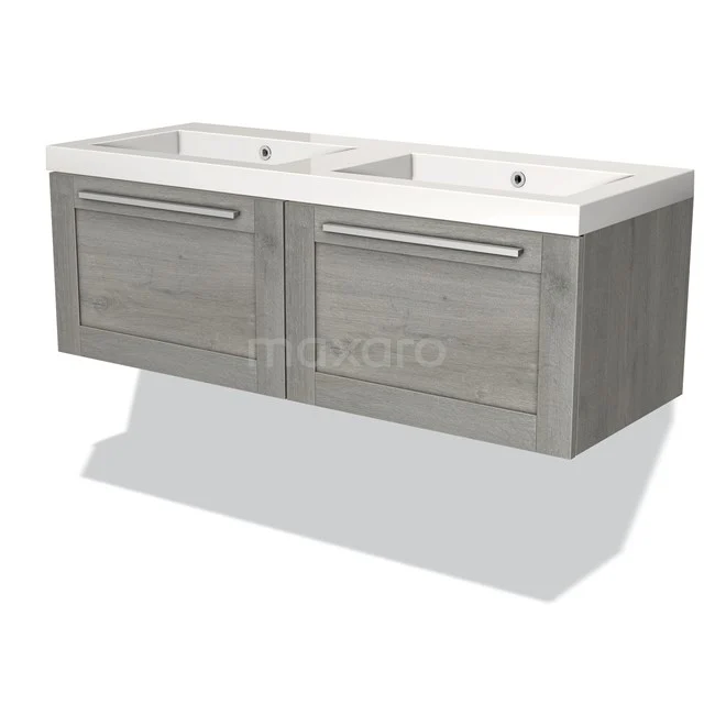 Badmöbel 120cm Modulo Graue Eiche 2 Schubladen Rahmen Waschbecken Mineralguss BMW12-00634 Graues Holz Badezimmermöbel mit Doppelwaschbecken, schwebendem Design und modernem Aussehen, ideal für stilvolle Bäder.