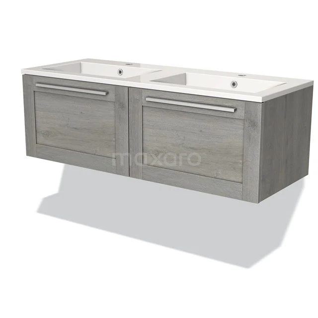 Double basin with wood-look base cabinet, hanging design, ideal for modern bathrooms.