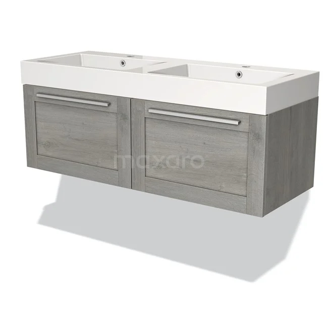 Grijze moderne badkamermeubelset met dubbele wastafel, houtlook afwerking en strakke laden, ideaal voor stijlvolle badkamers.