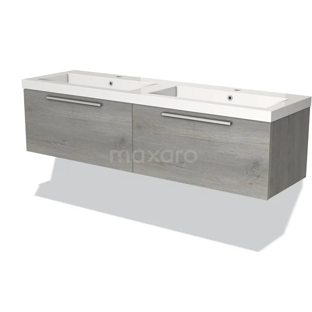 Moderne badkamerkast houtlook, dubbel wastafelmeubel met witte keramische wasbakken en strakke metalen handgrepen.