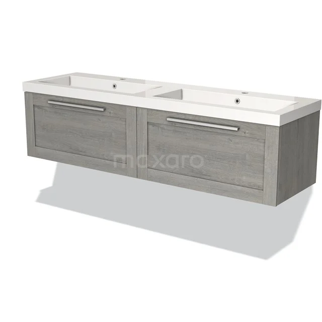 Grijze hangende wastafelmeubel met dubbele witte keramieken wastafel, modern design voor stijlvolle badkamers.