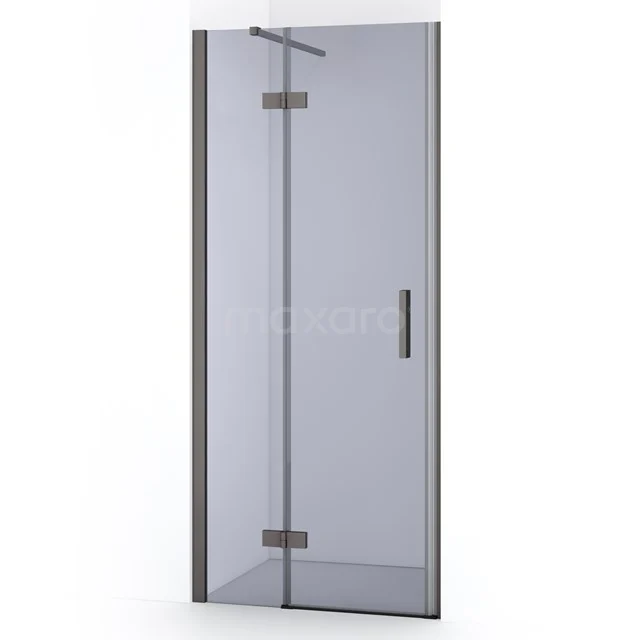 Glass shower door with matte black frame, pivot door design, ideal for modern bathroom design.