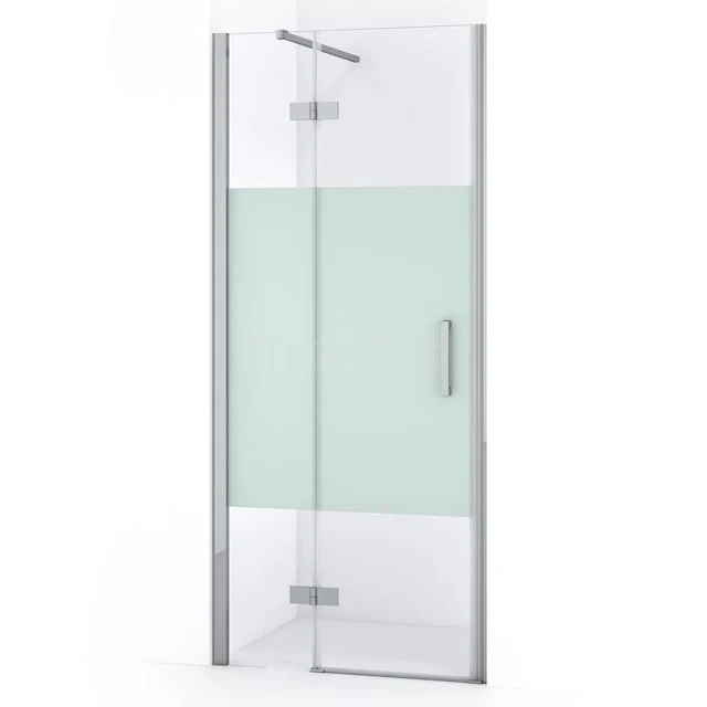 Glas Duschtür mit mattem Mittelteil, silbernem Rahmen und Griff; moderner Badezimmerstil und Privatsphäre kombiniert.