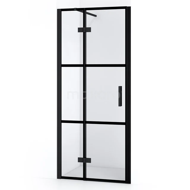 Schwarze industrielle Duschtür mit Klarglas und Metallrahmen, ideal für moderne Bäder.